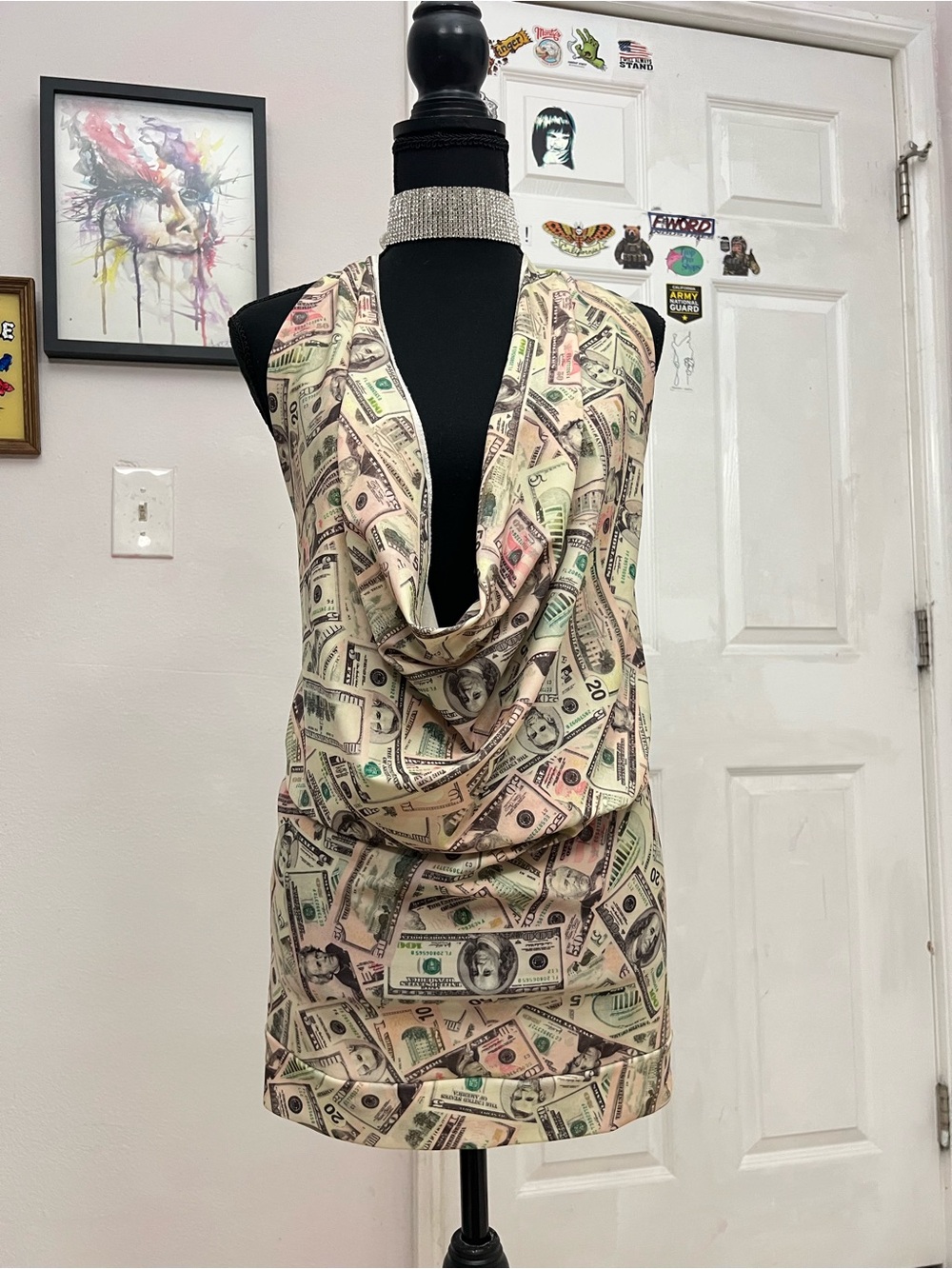 Novelty Money Print Halter Cowl Neck Top